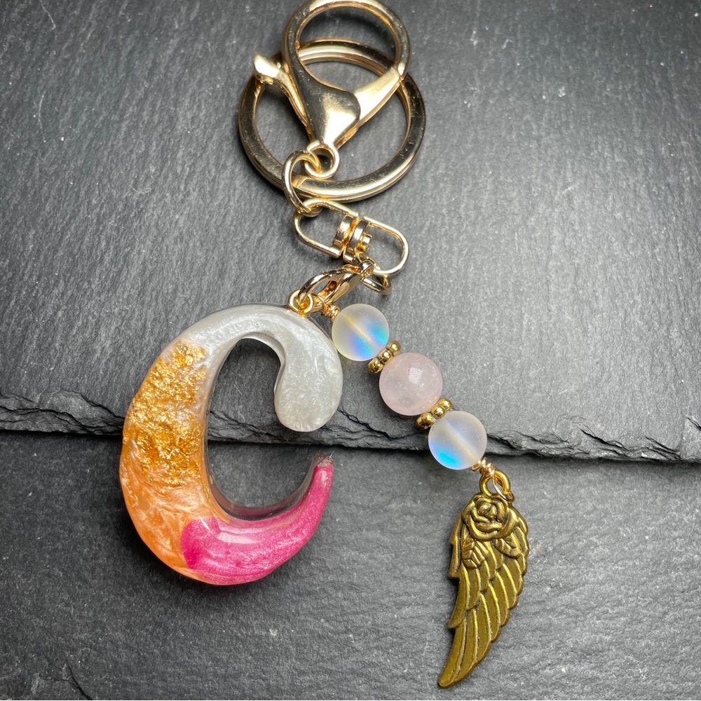 Custom Orange and Pink Letter “C”Keychain with Rose Quartz and Gold Wing Charm - Picture 9 of 9